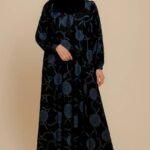 Elegance in Chains – Black Abaya with Blue Print